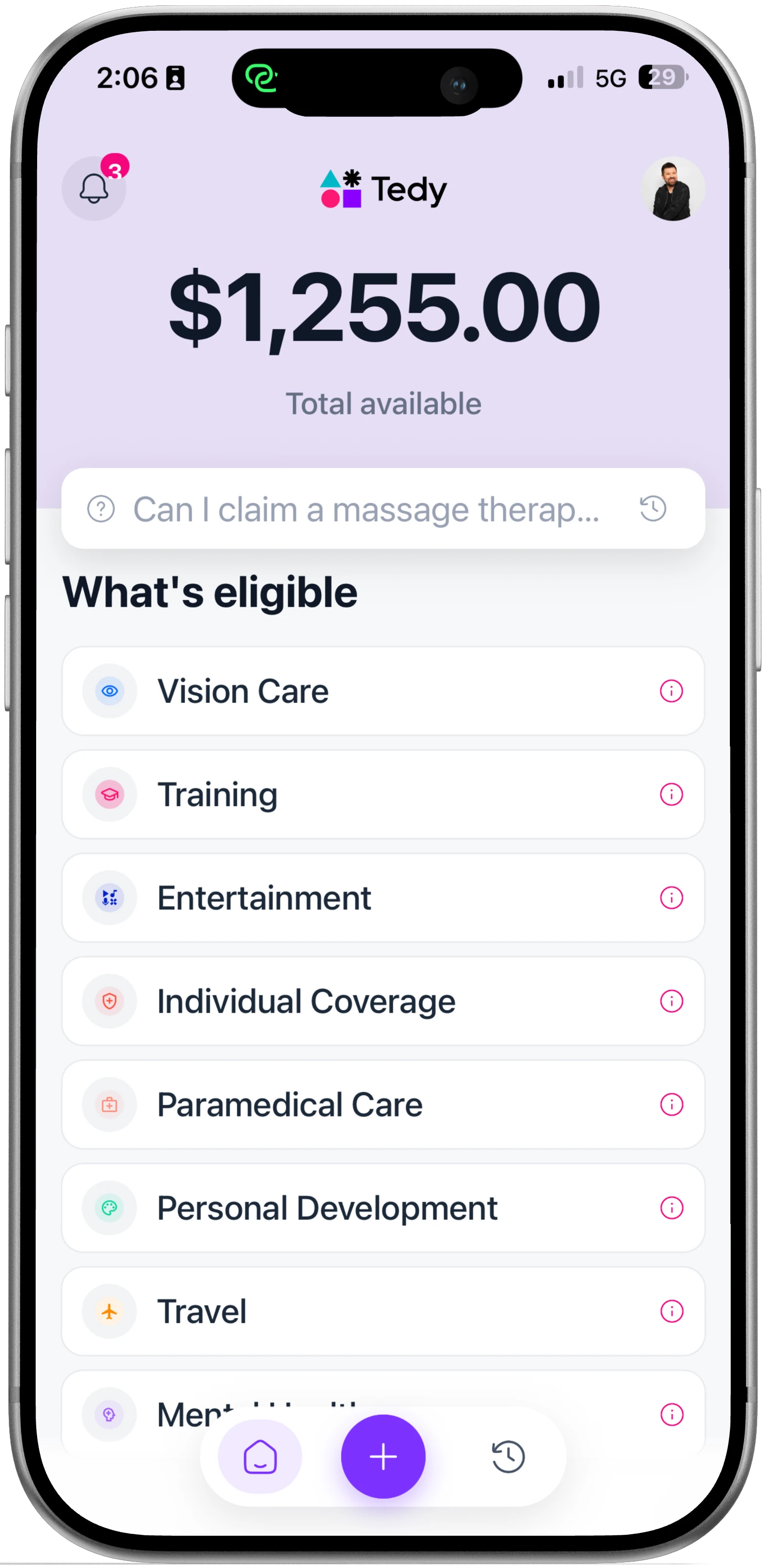 iPhone showing the Tedy app with available balance and eligible spending categories.
