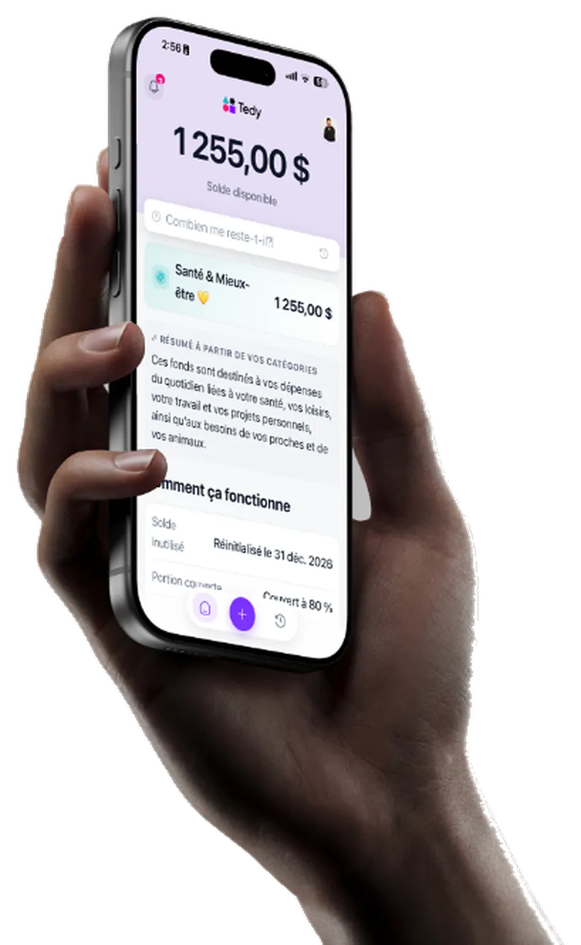 Hand holding a phone open to the Tedy app, showing available balance and spending categories.