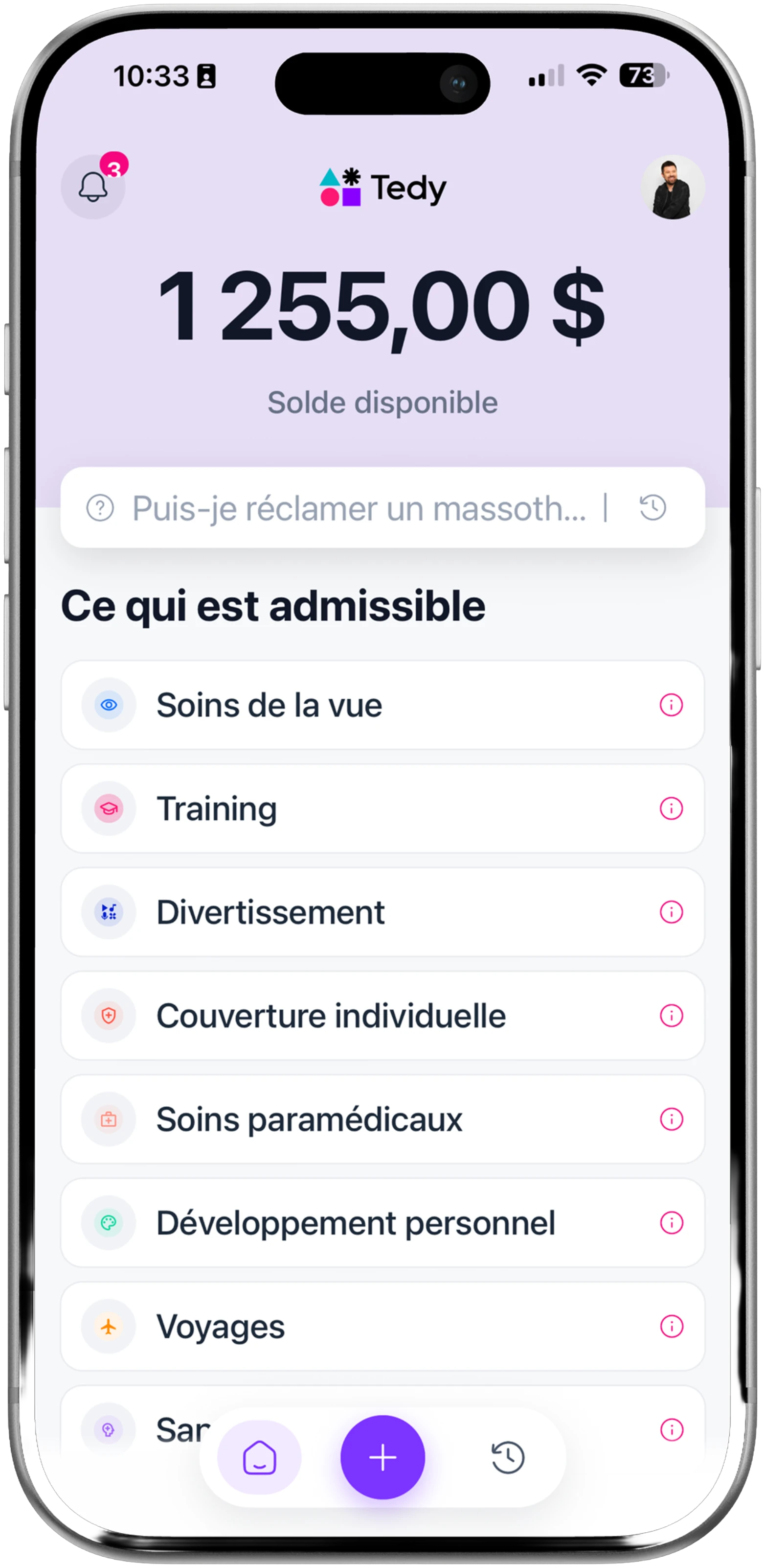 iPhone showing the Tedy app with available balance and eligible spending categories.