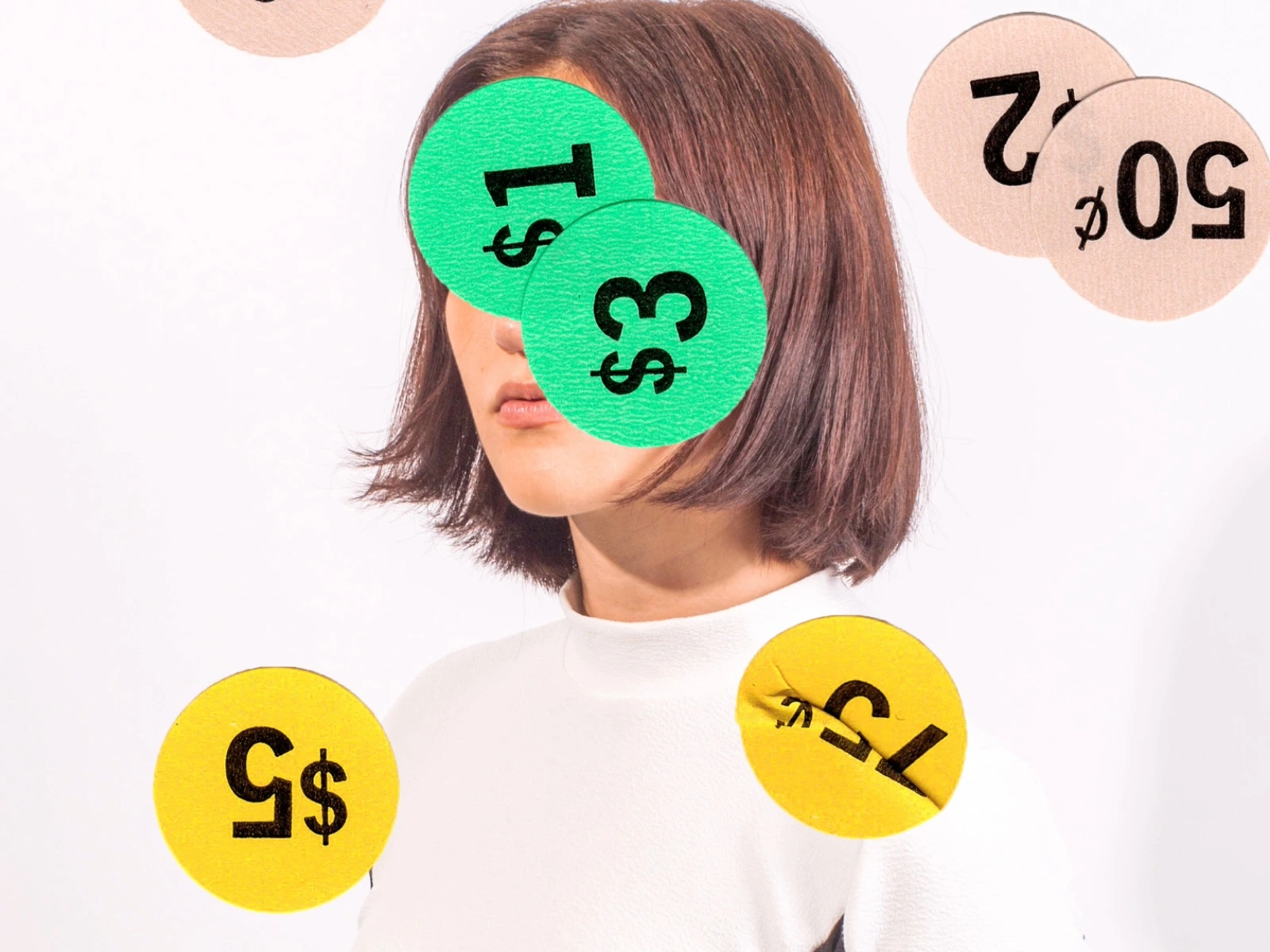 Woman with colorful price tags illustrating a client advantage