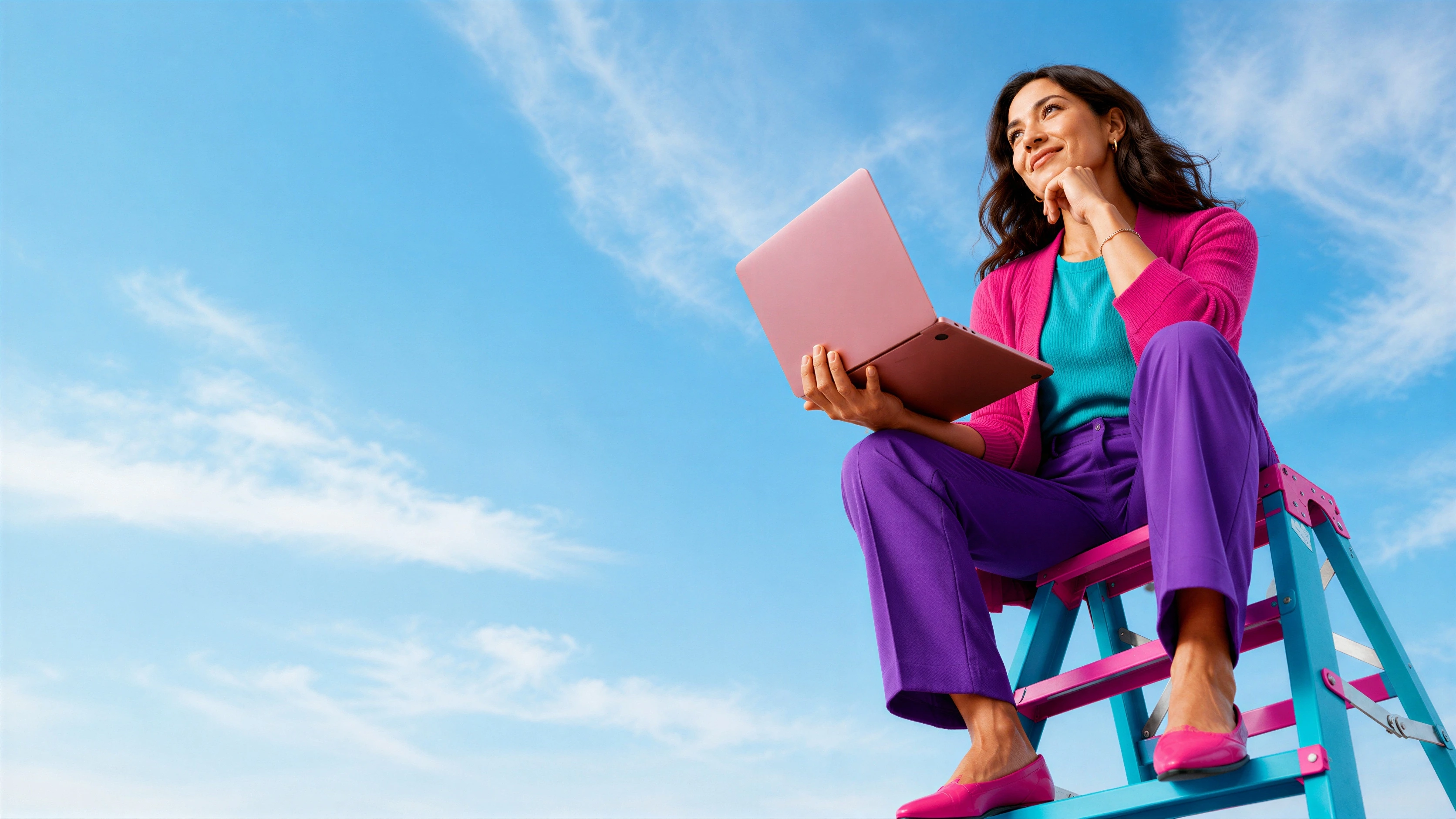 Woman on a ladder holding a pink laptop