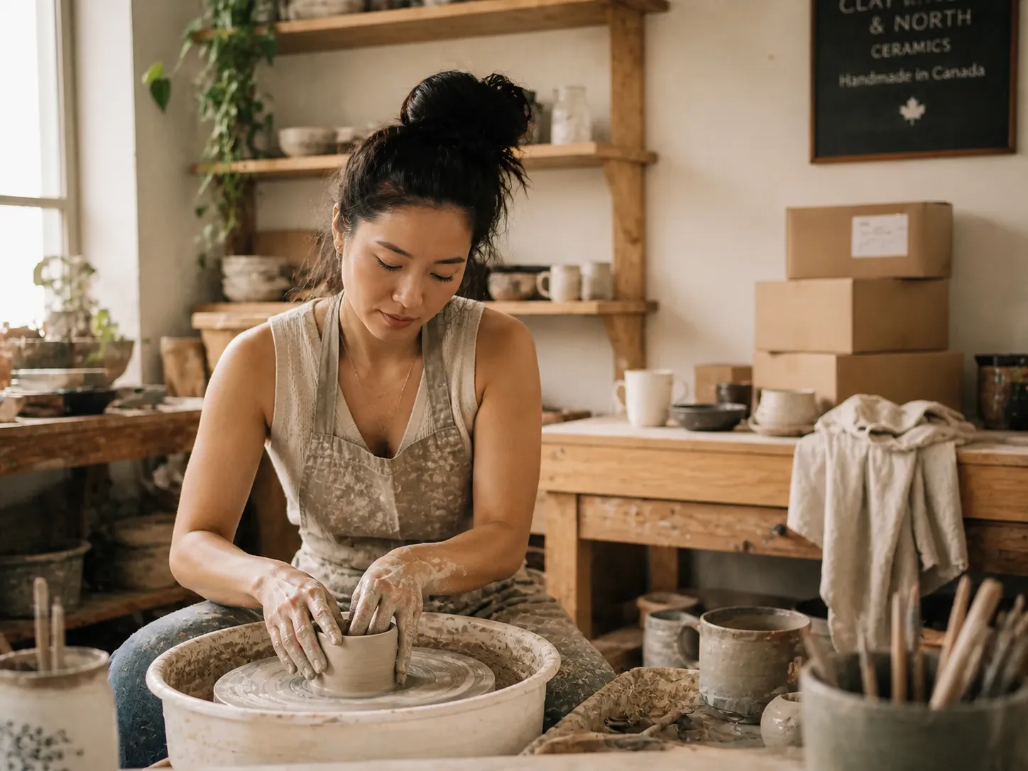 Solopreneur focused on work in a bright, modern workspace